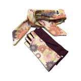 Scarf and red fingerless gloves with vintage flowers motives