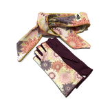 Scarf and burgandy fingerless gloves with flower pattern