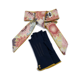 Scarf and burgandy fingerless gloves with flower pattern