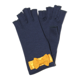 Blue fingerless gloves with golden satin bow