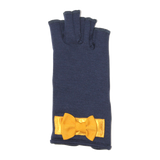 Blue fingerless gloves with golden satin bow