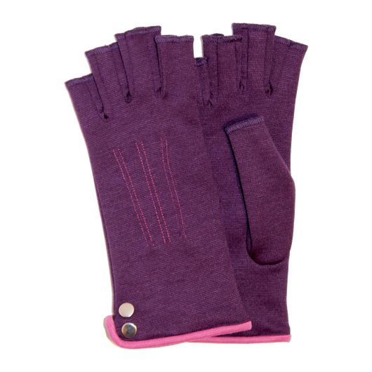 Purple fingerless gloves with buttons ornement
