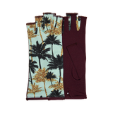 Red fingerless gloves with gold palm tree motives