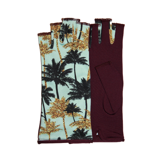 Red fingerless gloves with gold palm tree motives