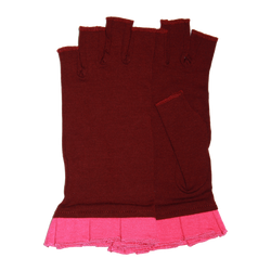 Red fingerless gloves with pink ruffle