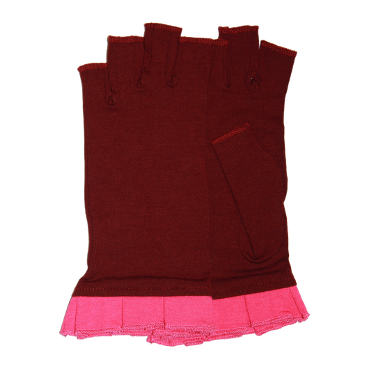 Red fingerless gloves with pink ruffle