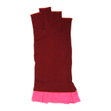 Red fingerless gloves with pink ruffle