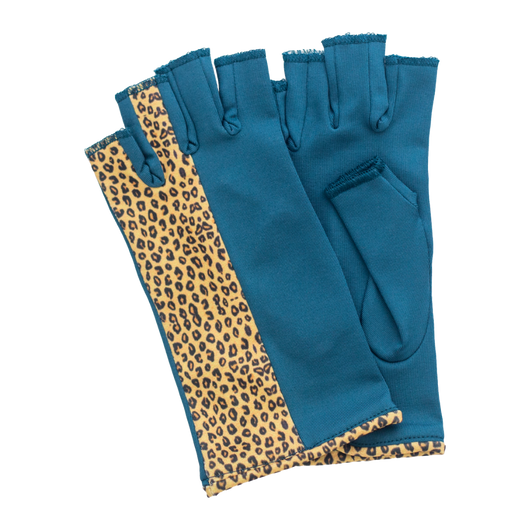 Green and leopard fingerless gloves